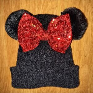 Disney Minnie Mouse Girls Red Sequined Bow Black Pom Pom Ears Beanie S/M